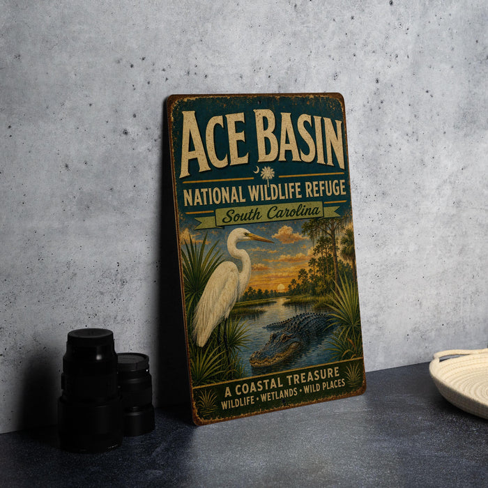 A vintage-style sign for the Ace Basin National Wildlife Refuge in South Carolina, featuring an illustration of a white egret and a crocodile in a tropical setting.