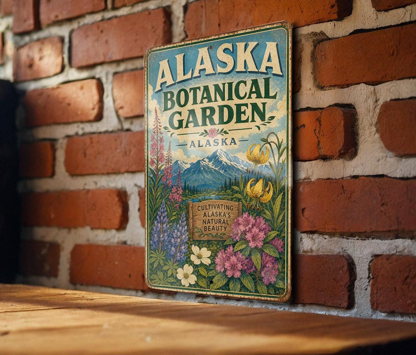 A vintage-style metal sign for the Alaska Botanical Garden, featuring illustrations of flowers and plants, is displayed on a brick wall.