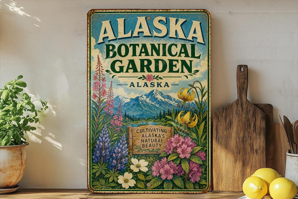 A vintage-style metal sign for the Alaska Botanical Garden, featuring illustrations of flowers, plants, and mountains.
