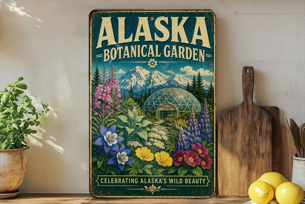 A vintage-style metal sign for the Alaska Botanical Garden, featuring a colorful illustration of a greenhouse surrounded by flowers and mountains.