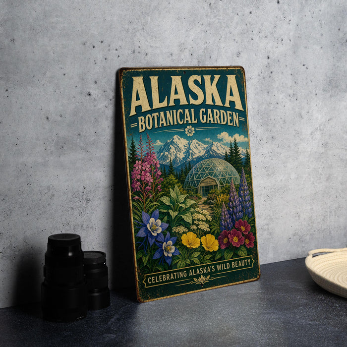 A vintage-style metal sign for the Alaska Botanical Garden, featuring a colorful illustration of flowers and plants, is displayed on a gray concrete surface.