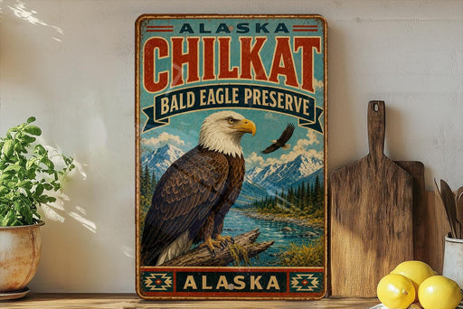 A vintage-style sign for the Bald Eagle Preserve in Alaska, featuring an eagle perched on a tree branch with mountains in the background.