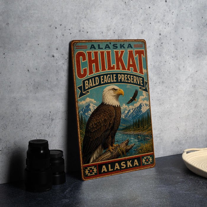 A vintage-style metal sign with the text "ALASKA CHILKAT BALD EAGLE PRESERVE" and an illustration of an eagle perched on a tree branch, set against a backdrop of mountains and a river.