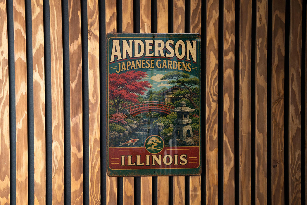 A vintage metal sign for Anderson Japanese Gardens in Illinois, featuring a scenic landscape with a bridge and trees.