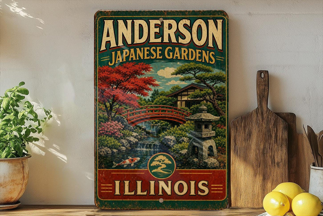 A vintage-style sign for Anderson Japanese Gardens in Illinois, featuring a scenic landscape with a bridge, pagoda, and trees.
