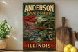 A vintage-style sign for Anderson Japanese Gardens in Illinois, featuring a scenic landscape with a bridge, pagoda, and trees.
