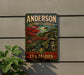 A vintage-style sign for Anderson Japanese Gardens in Illinois, featuring a scenic illustration of a Japanese garden with a bridge and pagoda.