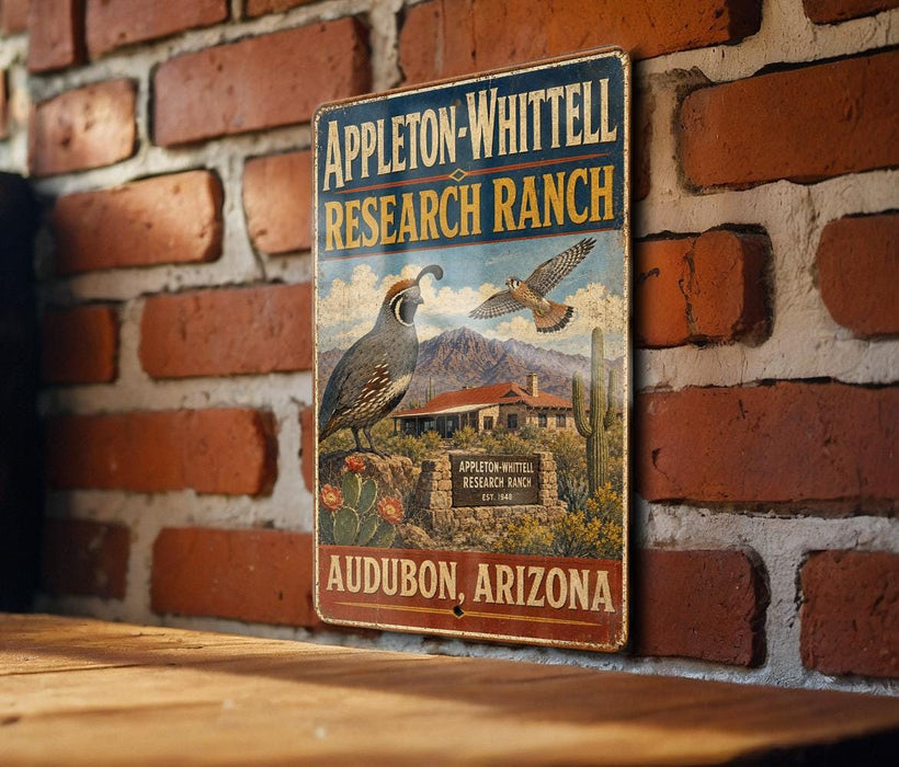 A vintage-style sign for Appleton-Whittell Research Ranch in Audubon, Arizona, featuring a bird and desert landscape.
