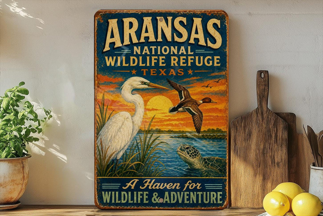 A vintage-style metal sign for the Arkansas National Wildlife Refuge in Texas, featuring an illustration of a white egret and a duck flying over a body of water at sunset.