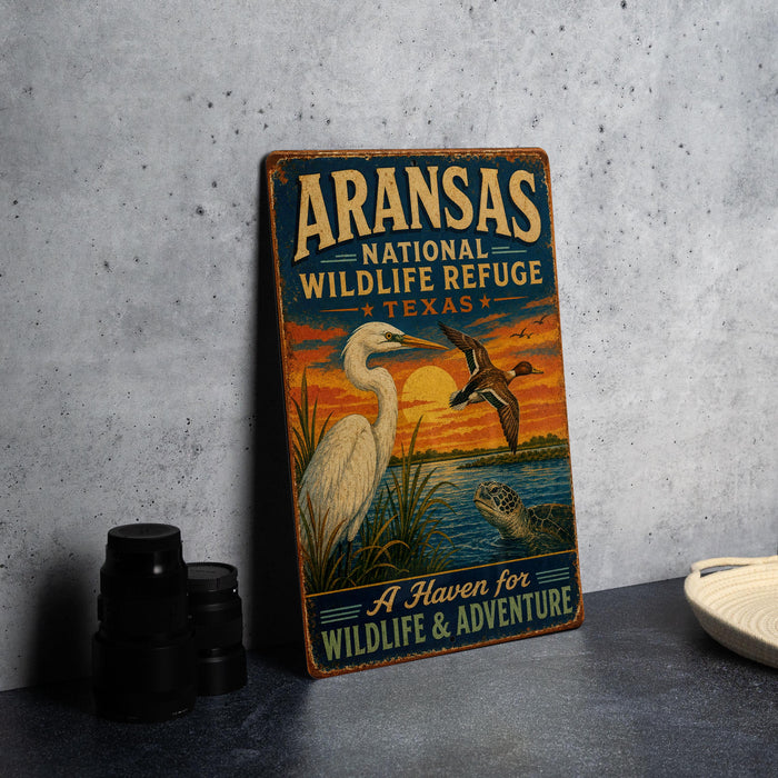 A vintage-style metal sign for the Arkansas National Wildlife Refuge in Texas, featuring illustrations of birds and a sunset over a body of water.