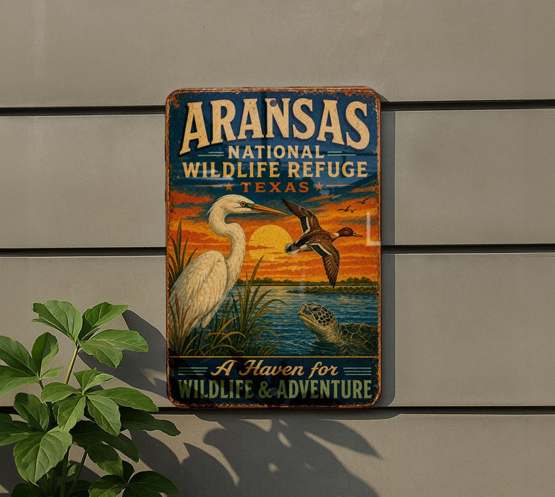 A vintage-style sign for the Arkansas National Wildlife Refuge in Texas, featuring an illustration of a bird and a turtle against a sunset backdrop.