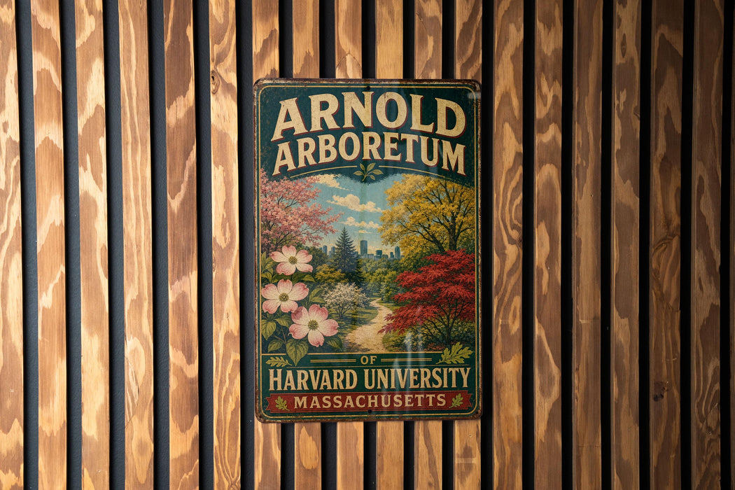 A vintage-style sign for the Arnold Arboretum, a Harvard University campus in Massachusetts, is displayed on a wooden wall.