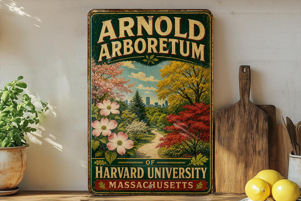 A vintage-style sign for the Arnold Arboretum of Harvard University in Massachusetts, featuring a colorful illustration of a garden with flowers and trees.