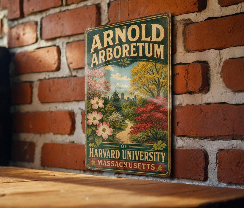 A vintage-style sign for the Arnold Arboretum, a Harvard University campus in Massachusetts, is displayed on a brick wall.