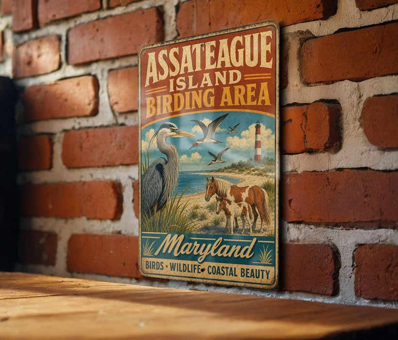 A vintage metal sign for Assateague Island Birding Area in Maryland, featuring illustrations of birds and a lighthouse, mounted on a brick wall.