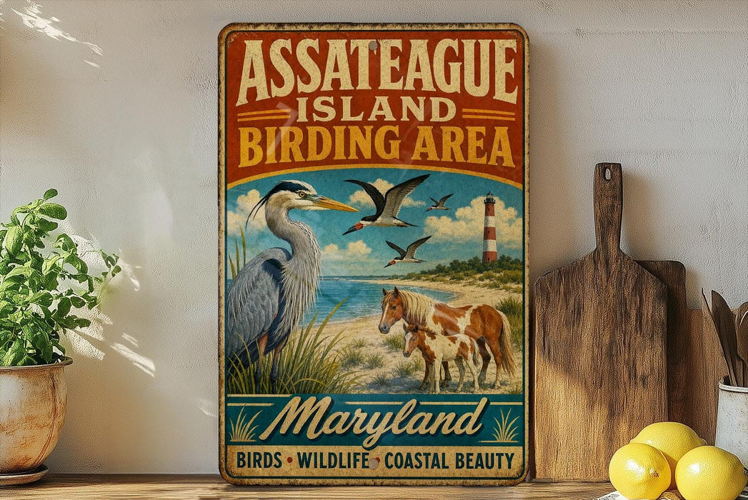 A vintage-style metal sign for the Assateague Island Birding Area in Maryland, featuring illustrations of birds, a lighthouse, and a horse on a beach.