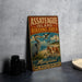 A vintage metal sign for the Assateague Island Birding Area in Maryland, featuring an illustration of a heron, a lighthouse, and other coastal elements.
