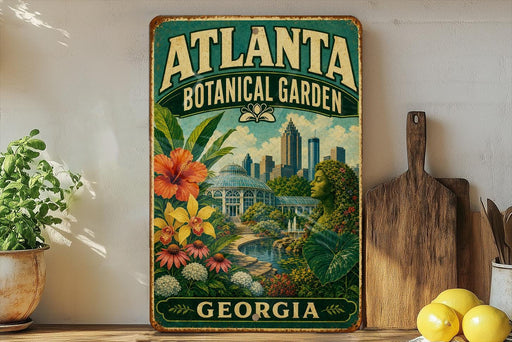 A vintage-style metal sign for the Atlanta Botanical Garden in Georgia, featuring a lush garden scene with flowers, plants, and a city skyline in the background.