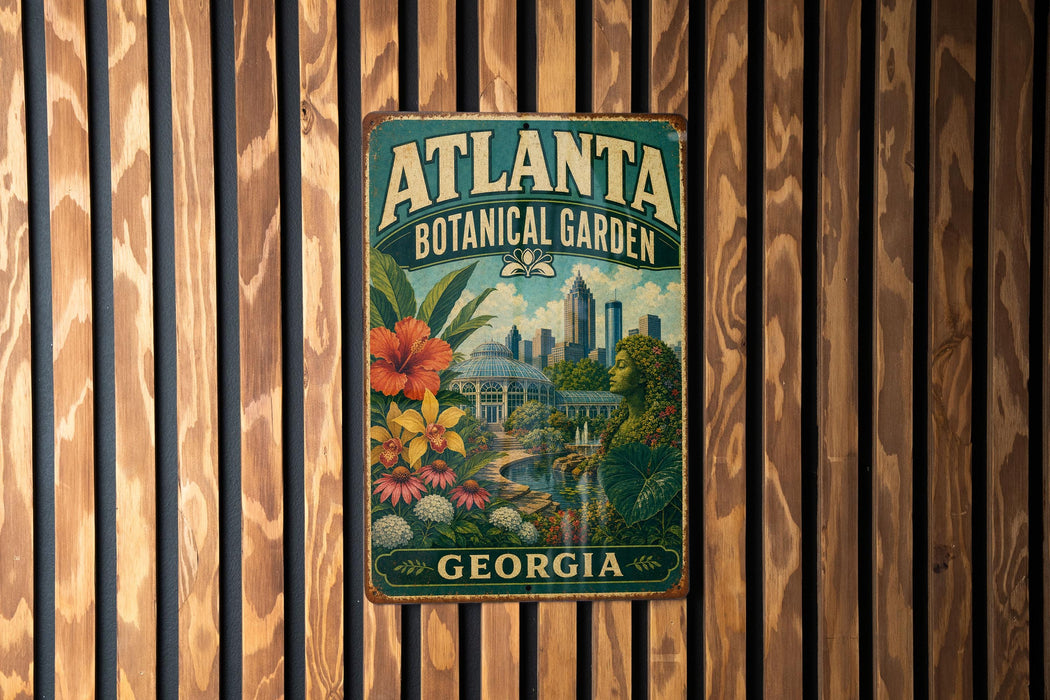 A vintage-style metal sign for the Atlanta Botanical Garden in Georgia, featuring a colorful illustration of the garden and the city skyline.