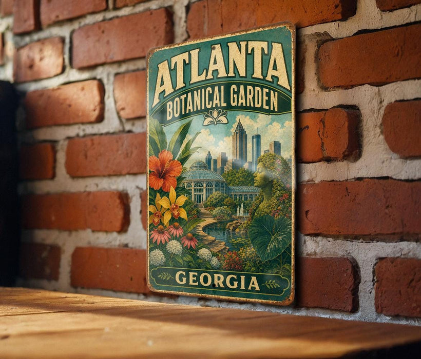 A vintage-style metal sign for the Atlanta Botanical Garden in Georgia, featuring a colorful illustration of the garden and the city skyline.