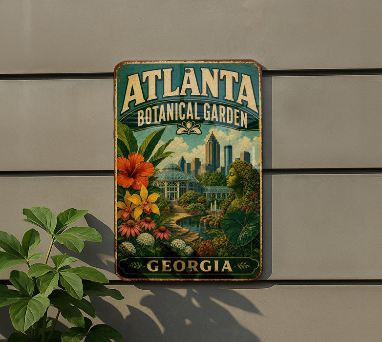 A vintage-style metal sign for the Atlanta Botanical Garden in Georgia, featuring a colorful illustration of the garden and the city skyline.