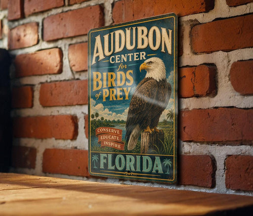A vintage-style sign for Audubon Center for Birds of Prey in Florida, featuring an image of an eagle perched on a tree stump.