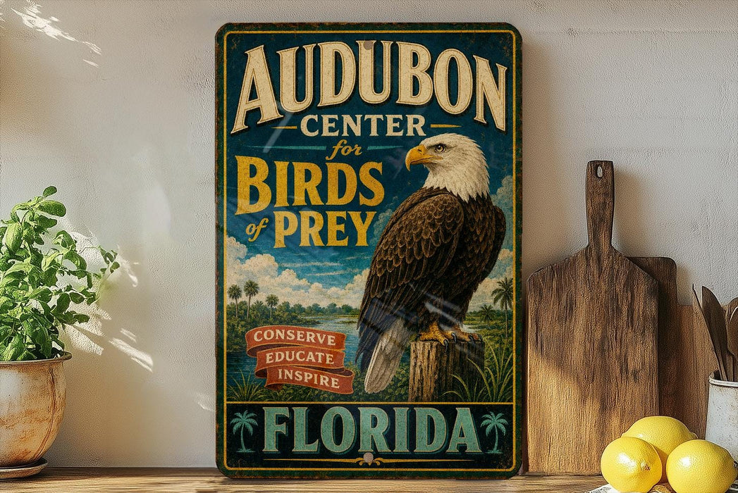 a vintage-style sign for Audubon Center for Birds of Prey in Florida, with an eagle perched on a tree stump in the center.