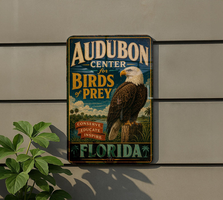 A vintage-style sign for Audubon Center for Birds of Prey in Florida, featuring an image of an eagle.
