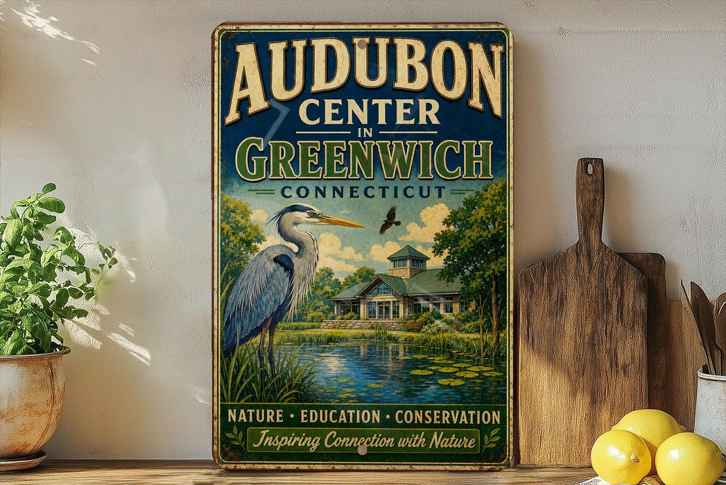 A vintage-style sign for Audubon Center in Greenwich, Connecticut, featuring an illustration of a heron and a pond surrounded by trees.