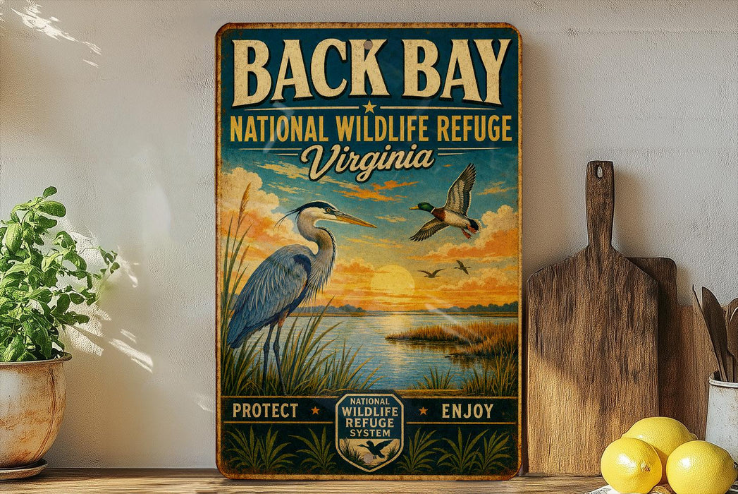 a vintage-style sign for the National Wildlife Refuge in Virginia, with a scenic illustration of a bird and a sunset in the background.