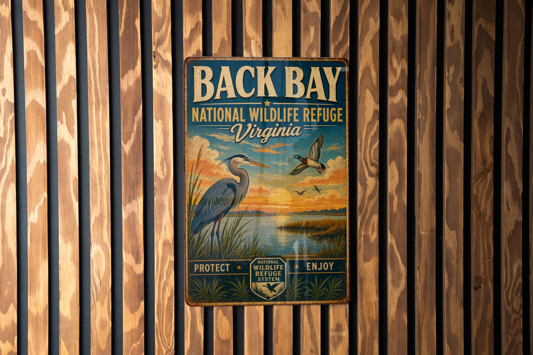 a vintage-style metal sign with a bird illustration, mounted on a wooden wall.