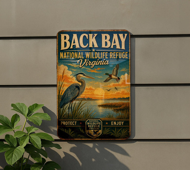 a vintage-style sign for the National Wildlife Refuge in Virginia, depicting a serene landscape with a bird and a sunset.