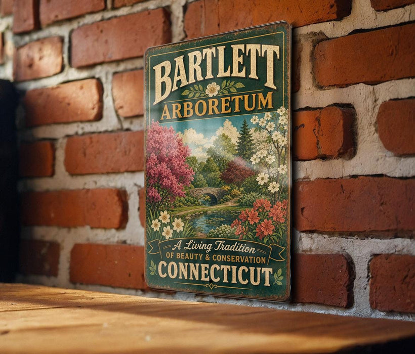 A vintage-style metal sign for the Bartlett Arboretum in Connecticut, featuring a scenic landscape with trees, flowers, and a bridge.