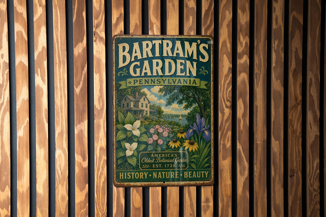 A vintage metal sign for Bartram's Garden in Pennsylvania, featuring a painting of a garden scene with flowers and a house.