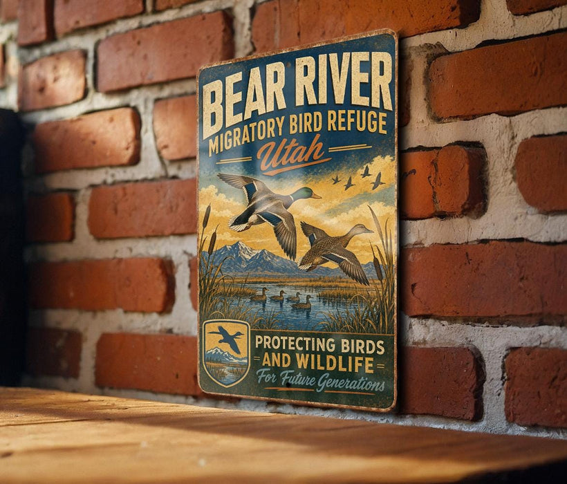 A vintage-style metal sign with a bird illustration and text, mounted on a brick wall.