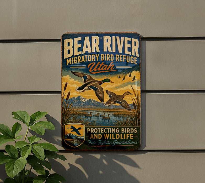 A vintage-style metal sign with a bird illustration and text, mounted on a wall next to a plant.
