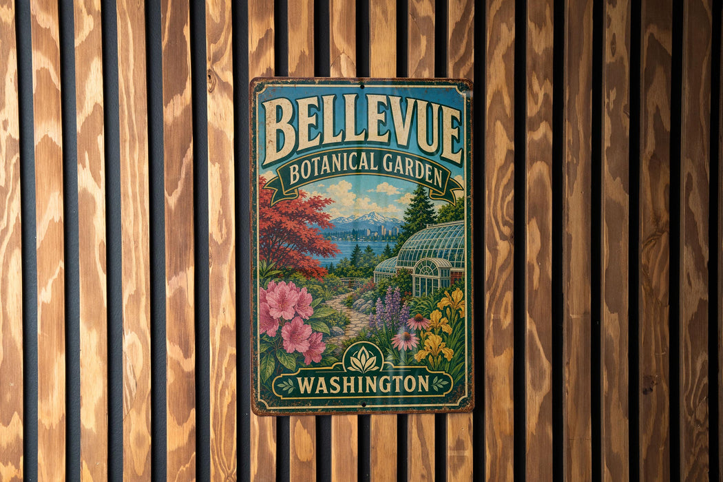 A vintage-style metal sign for the Bellevue Botanical Garden in Washington, featuring a colorful illustration of a greenhouse surrounded by flowers and trees.