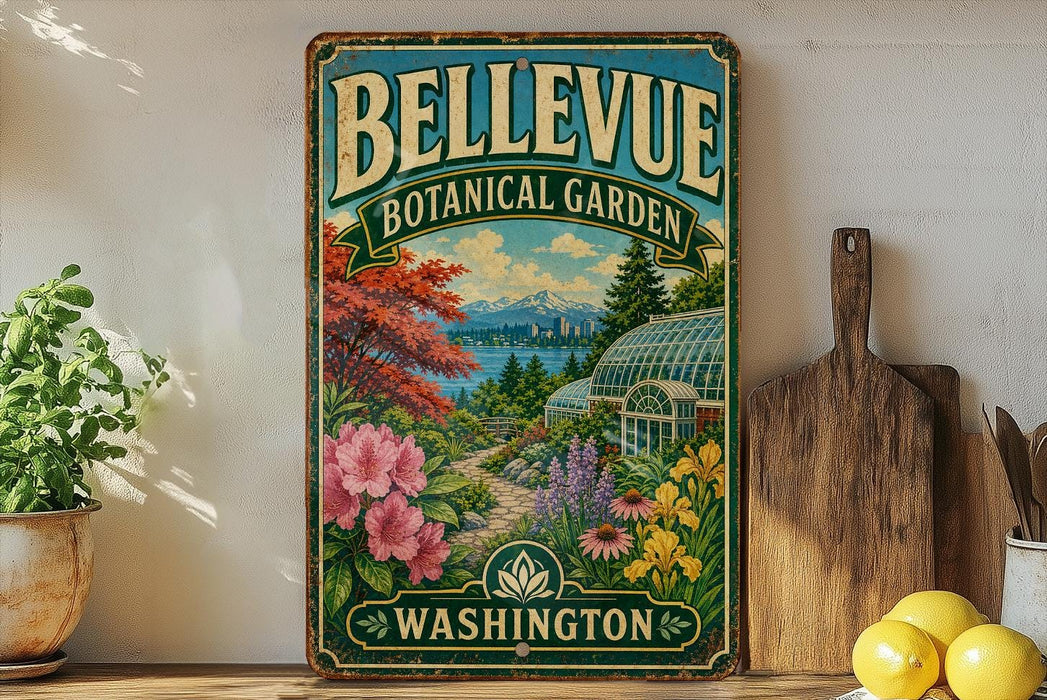 A vintage-style metal sign for the Bellevue Botanical Garden in Washington, featuring a colorful illustration of a garden with flowers, trees, and a greenhouse.