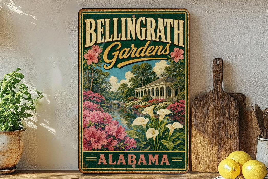 A vintage-style sign for Bellingham Gardens in Alabama, featuring a garden scene with pink flowers and a white house.