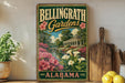 A vintage-style sign for Bellingham Gardens in Alabama, featuring a garden scene with pink flowers and a white house.