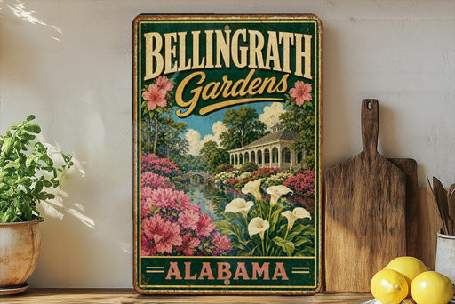 A vintage-style sign for Bellingham Gardens in Alabama, featuring a garden scene with pink flowers and a white house.