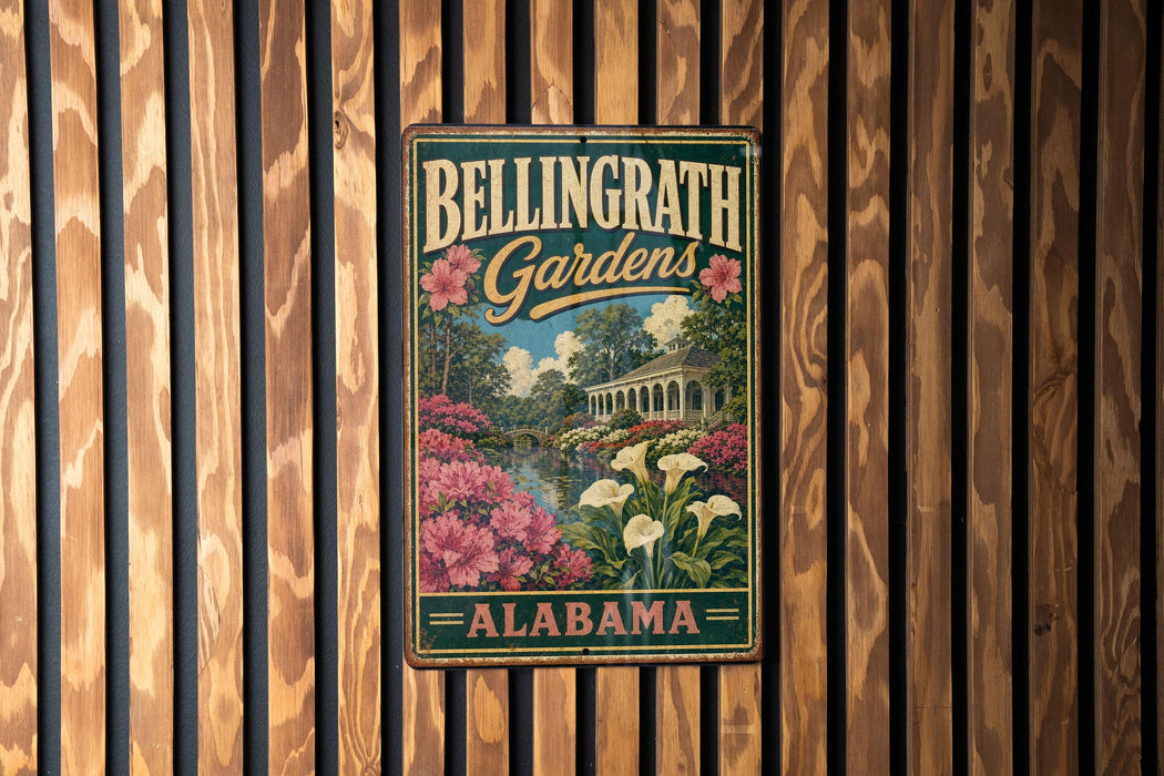 A vintage metal sign for Bellingham Gardens in Alabama, featuring a scenic illustration of a garden with flowers and a building.