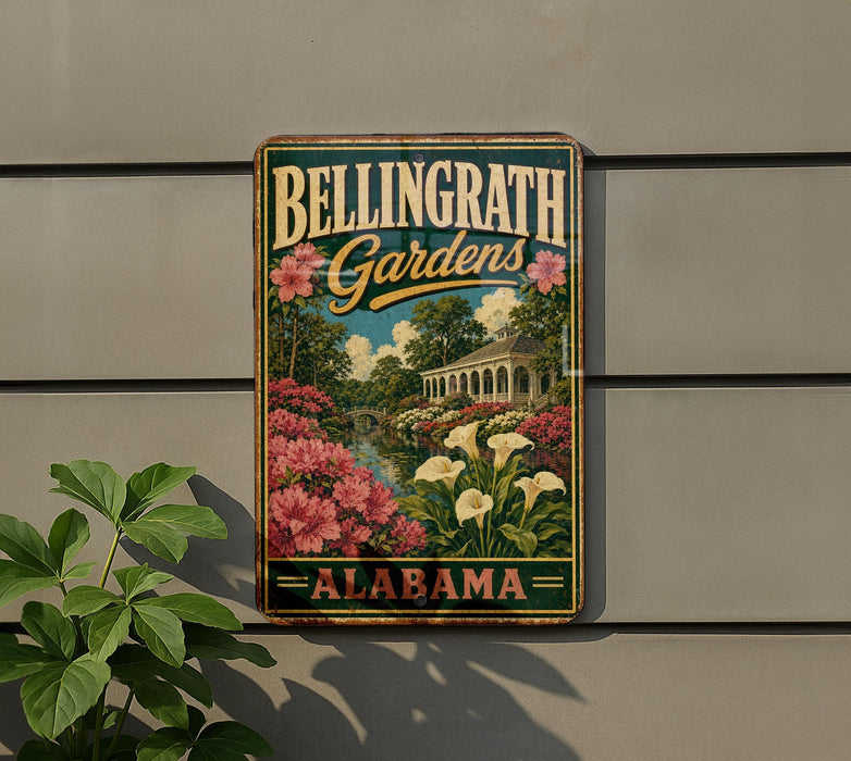 A vintage-style metal sign for Bellingham Gardens in Alabama, featuring a colorful illustration of a garden with flowers and a building.