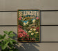 A vintage-style metal sign for Bellingham Gardens in Alabama, featuring a colorful illustration of a garden with flowers and a building.