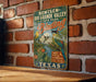 A vintage-style sign for Bentsen-Rio Grande Valley State Park, featuring a colorful illustration of birds and nature, is displayed on a brick wall.