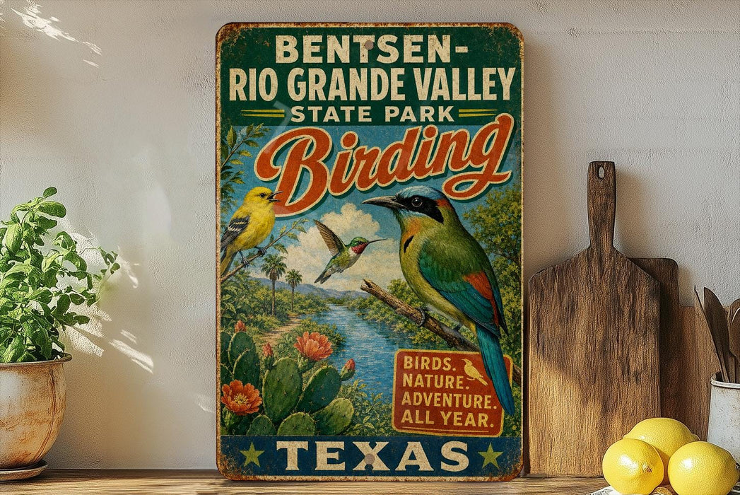 A vintage-style metal sign for Bentsen-Rio Grande Valley State Park, featuring illustrations of birds and nature, is displayed on a shelf next to a potted plant and a wooden cutting board.