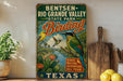 A vintage-style metal sign for Bentsen-Rio Grande Valley State Park, featuring illustrations of birds and nature, is displayed on a shelf next to a potted plant and a wooden cutting board.