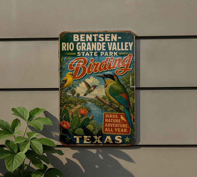 A vintage metal sign for Bentsen-Rio Grande Valley State Park, featuring a colorful illustration of birds and nature, with the text "Bentsen-Rio Grande Valley State Park" and "Bending".