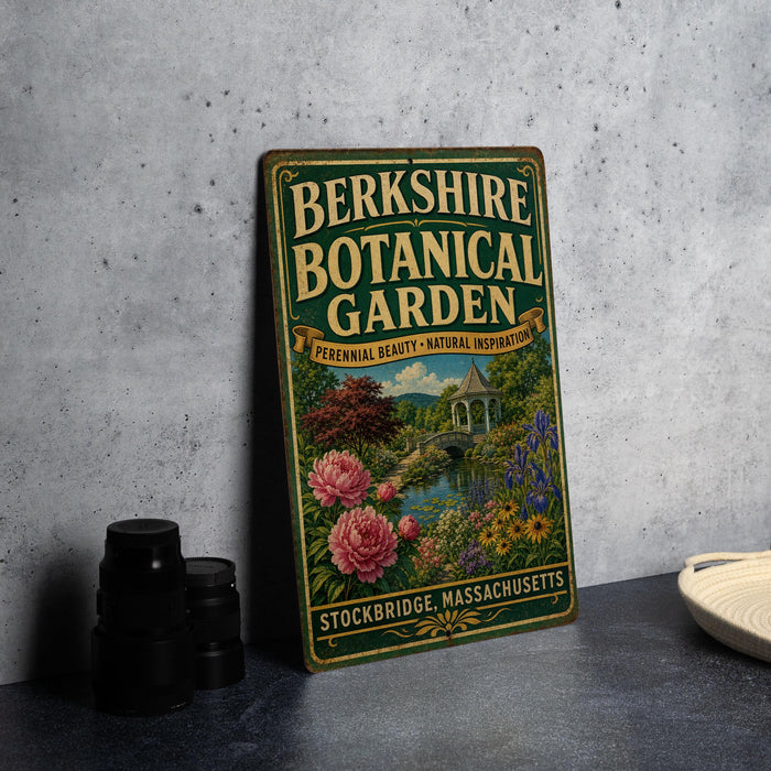 A vintage-style metal sign for the Berkshire Botanical Garden, featuring illustrations of flowers and a gazebo, is displayed on a gray countertop next to a stack of black camera lenses.