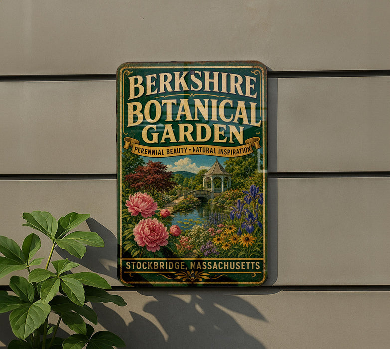 A vintage-style metal sign for the Berkshire Botanical Garden, featuring a garden scene with pink peonies and other flowers, along with the text "Berkshire Botanical Garden" and "Perennial Beauty - Natural Inspiration".